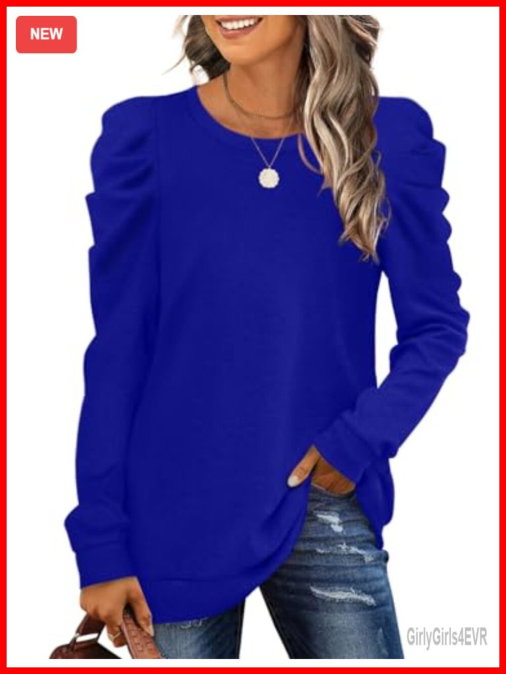 Womens Loose Fit Puff Sleeve Pullover Sweater Crew Neck Long Sleeve Knit Top